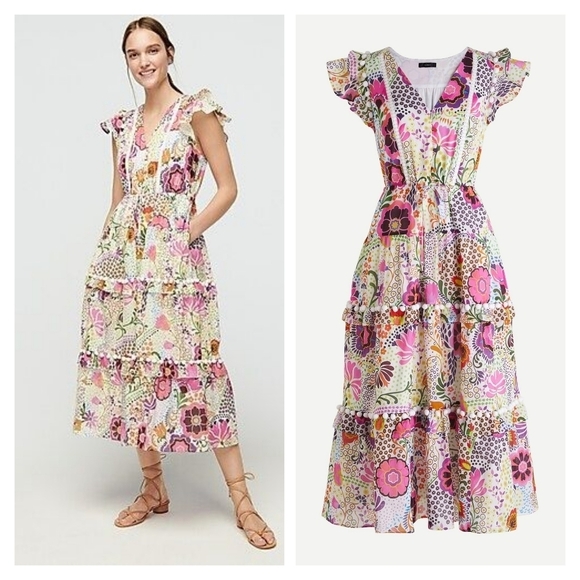 J.Crew NWT Women's 14 Ratti Retro Colorful Floral Print Short Sleeve Midi Dress